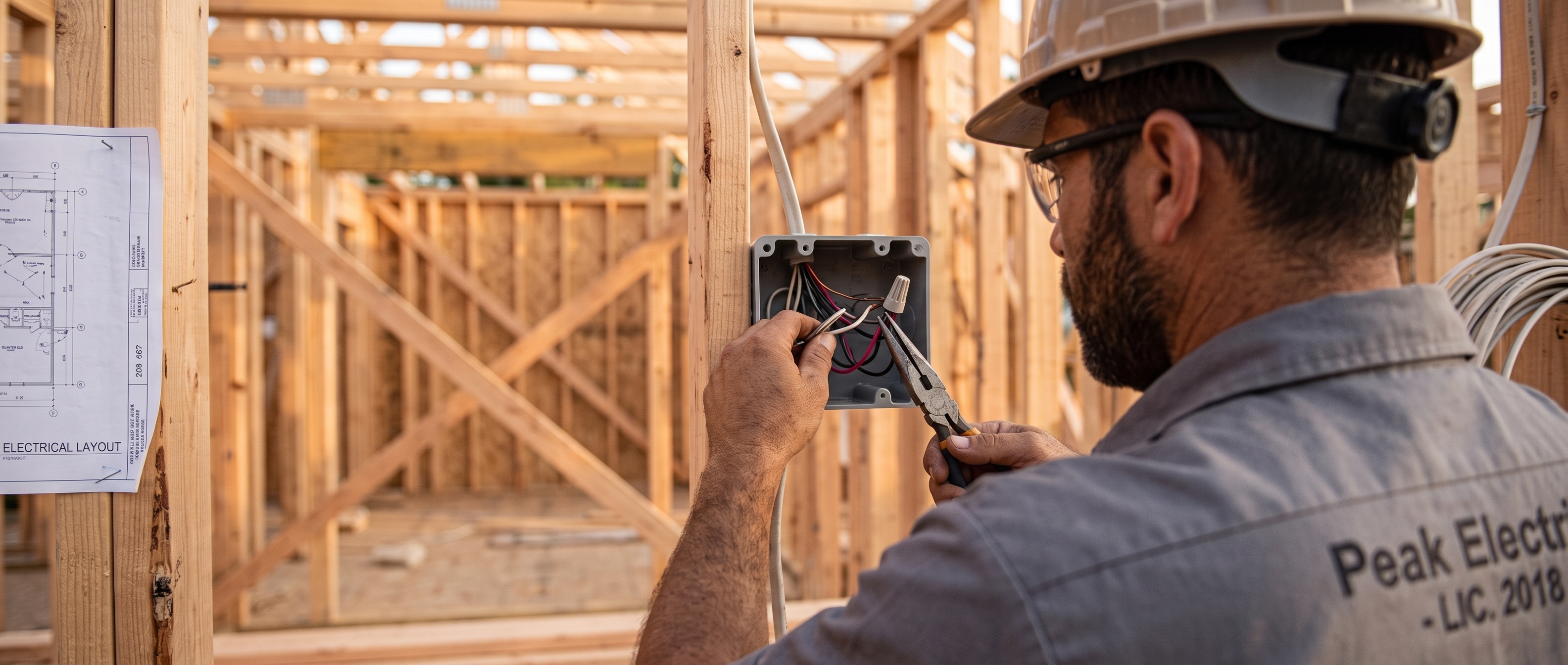 Electrician wiring a junction box inside a framed building on a jobsite