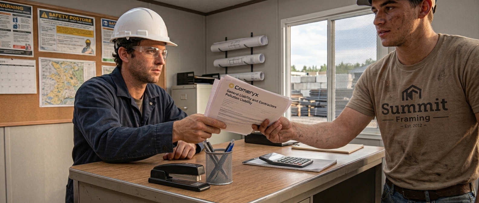 Subcontractor handing a Comeryx general liability and contractors pollution liability policy to a general contractor in a jobsite trailer