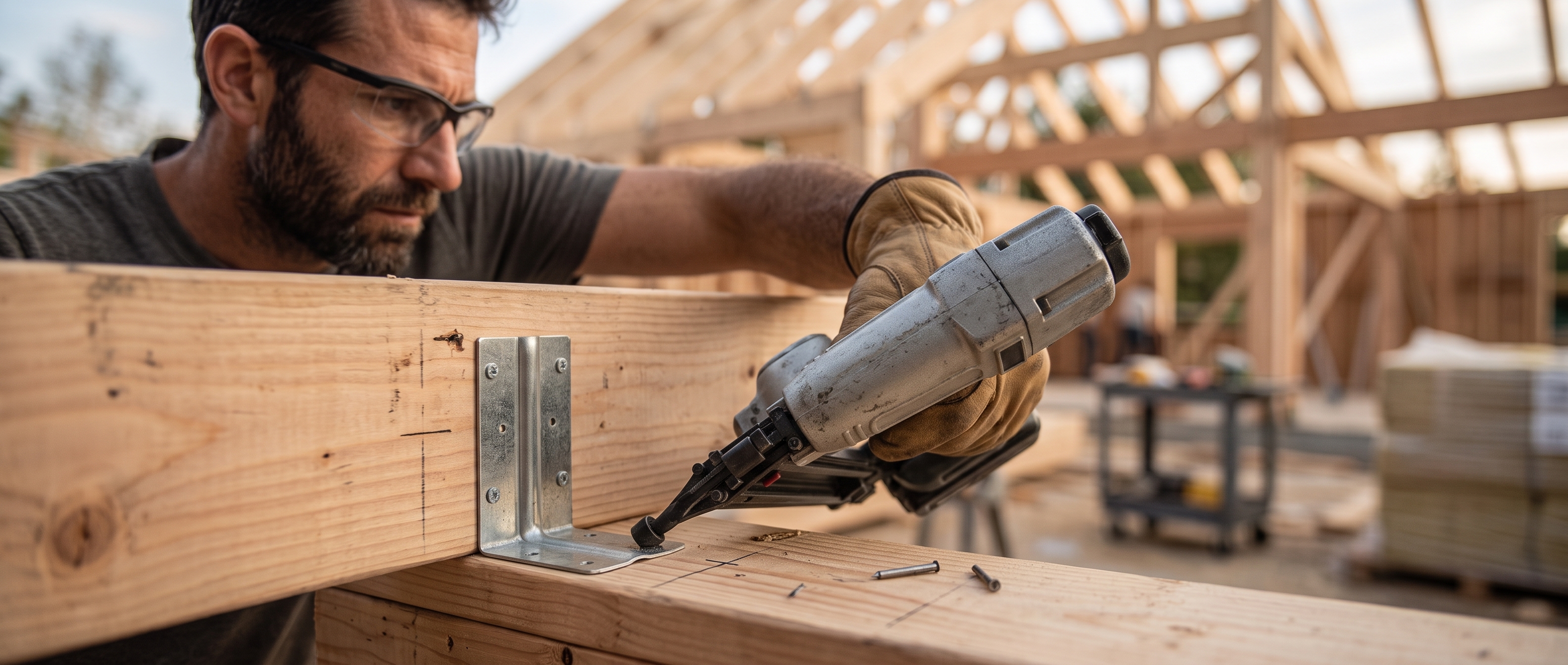 Contractor fastening a framing bracket with a nail gun on an active jobsite